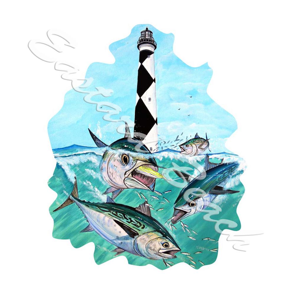 Cape Lookout Light & Tuna - Printed Vinyl Decal - Click Image to Close
