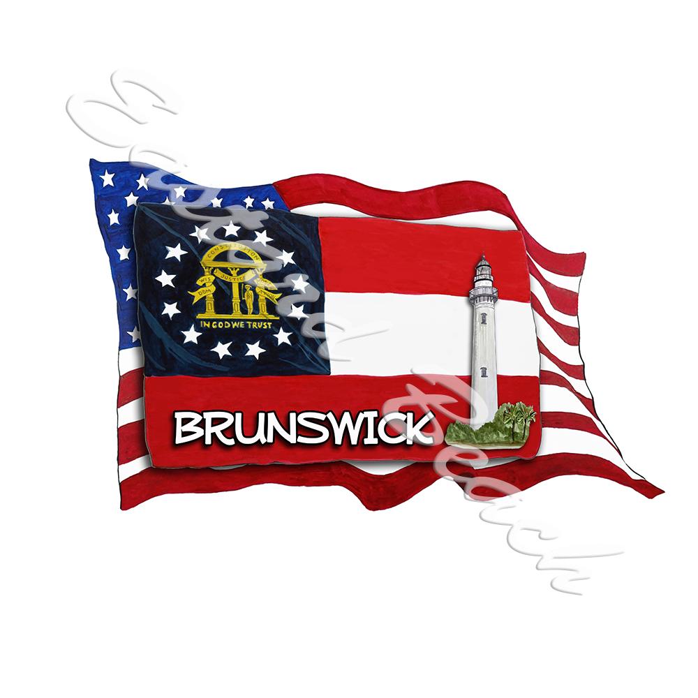 USA/GA Flags w/ Lighthouse- Brunswick - Click Image to Close