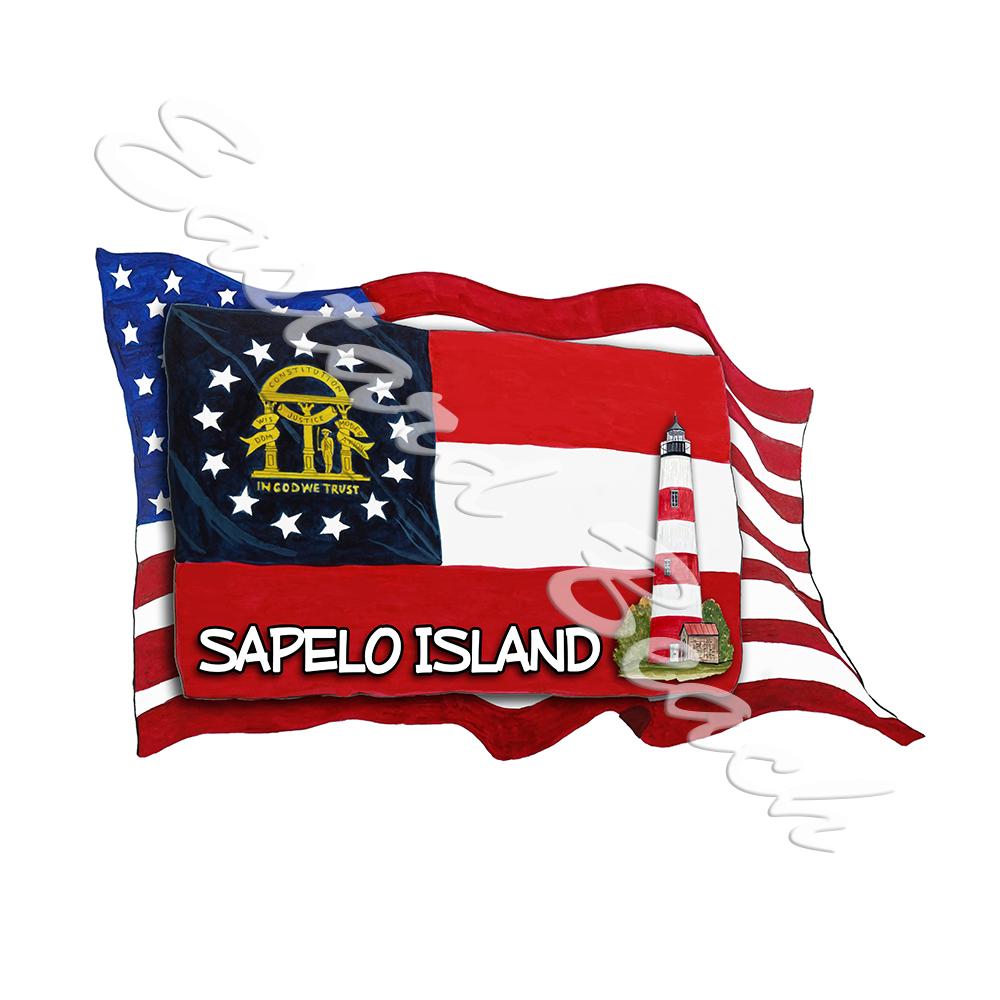 USA/GA Flags w/ Lighthouse- Sapelo - Click Image to Close