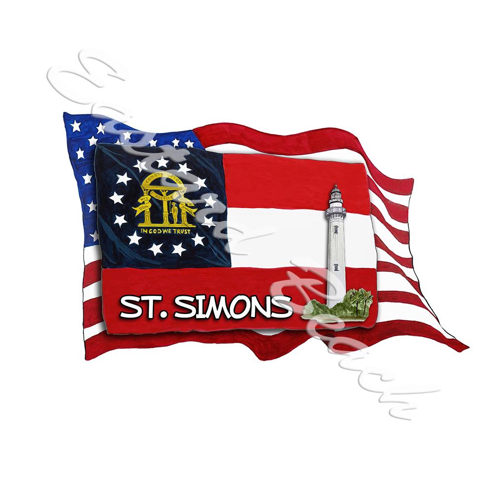 USA/GA Flags w/ Lighthouse- St. Simons