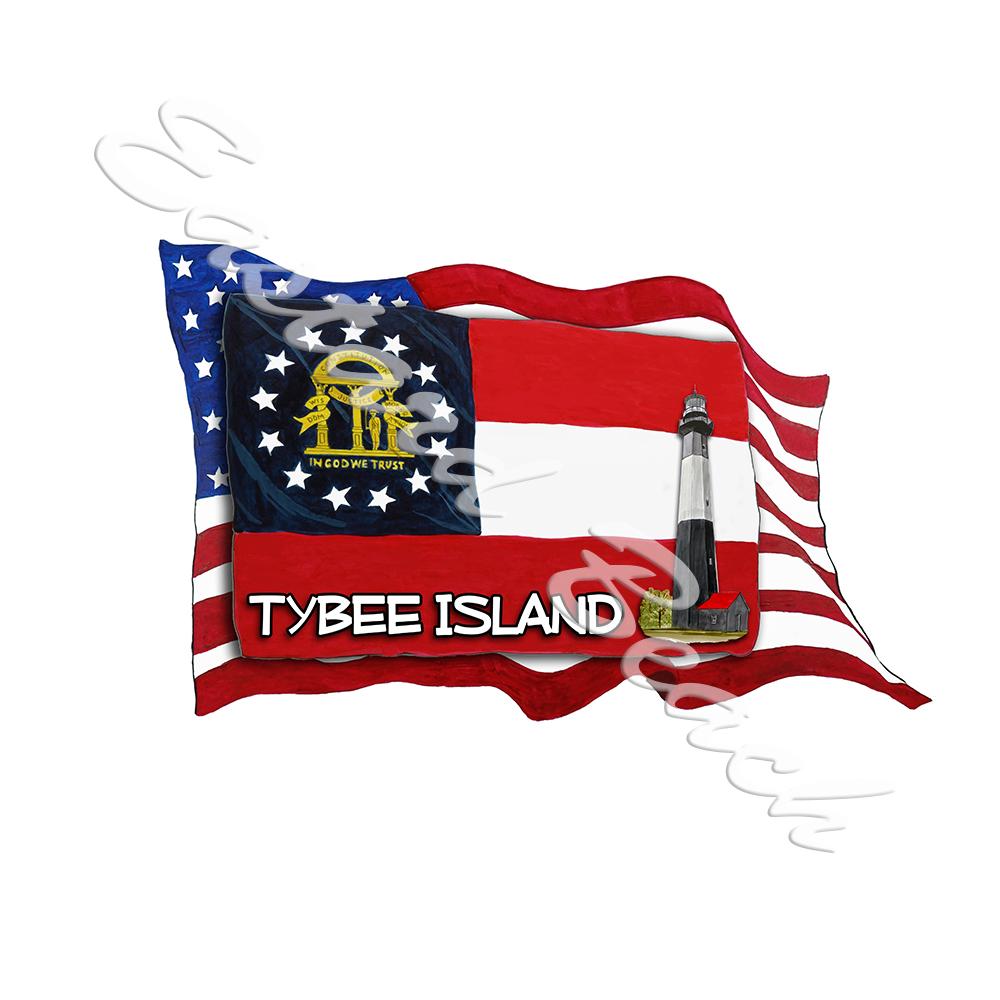 USA/GA Flags w/ Lighthouse- Tybee