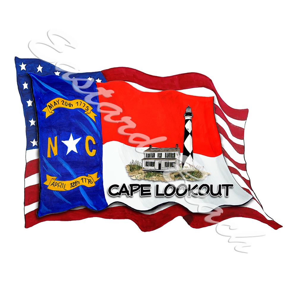 USA/NC Flags w/ Lighthouse - Cape Lookout
