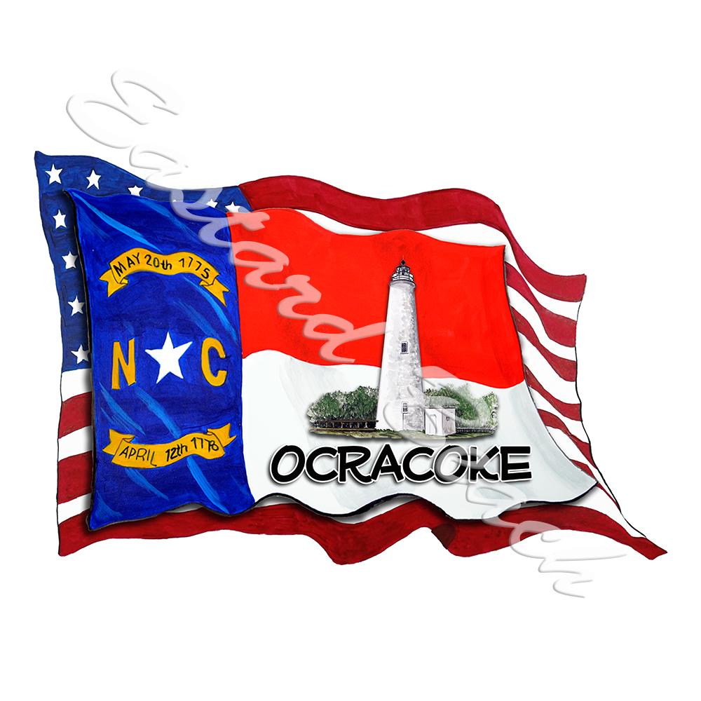 USA/NC Flags w/ Lighthouse - Ocracoke