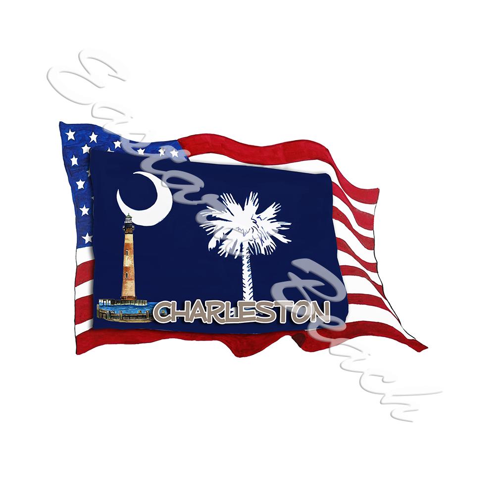 USA/SC Flags w/ Lighthouse - Charleston