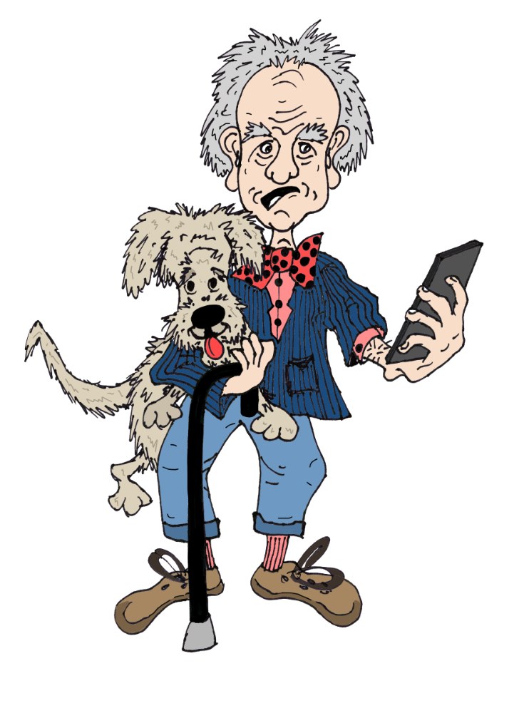 Old Man w/ Dog Holding Phone - Click Image to Close