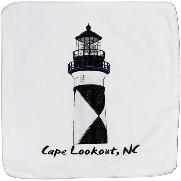 CAPE LOOKOUT LIGHT LIGHTHOUSE HOUSE EMBROIDERED CUSHION WHITE - Click Image to Close