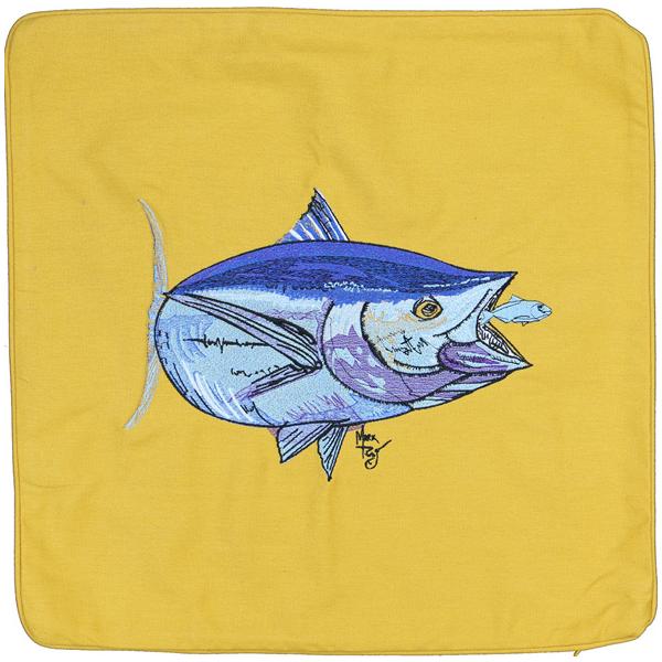 BLUE FIN TUNA FISH EMBROIDERED HOME DECOR PILLOW CUSHION GOLD - Click Image to Close