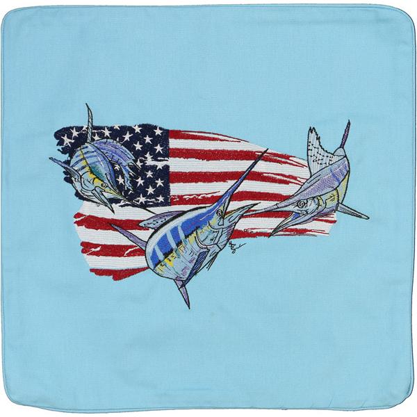 BILLFISH SAILFISH MARLIN FISHING USA FLAG CANVAS CUSHION LT BLUE - Click Image to Close