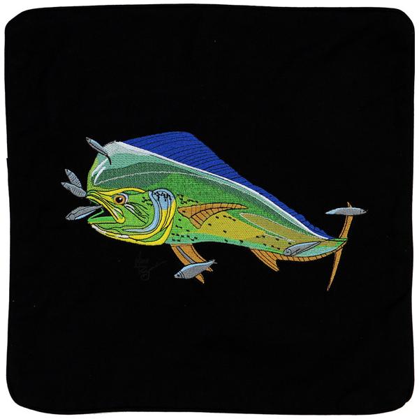 MAHI SALTWATER FISHING EMBROIDERED CANVAS PILLOW CUSHION BLACK - Click Image to Close