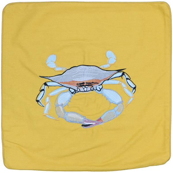 BLUE CRAB EMBROIDERED DECORATIVE CANVAS PILLOW CUSHION GOLD - Click Image to Close