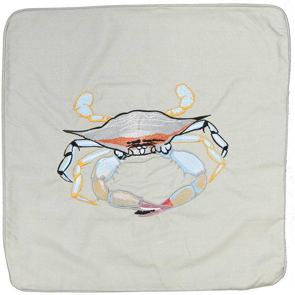 BLUE CRAB EMBROIDERED INDOOR OUTDOOR CANVAS PILLOW CUSHION GREY - Click Image to Close