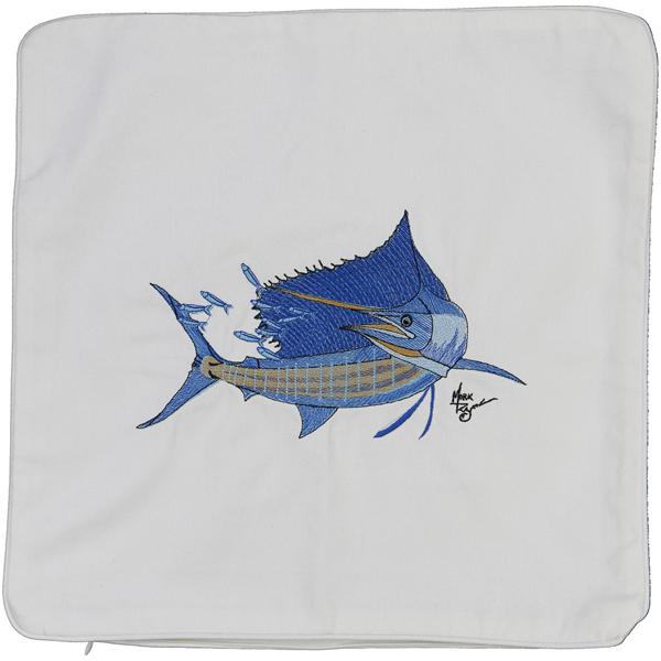 SAILFISH EMBROIDERED DECORATIVE CANVAS PILLOW CUSHION WHITE - Click Image to Close