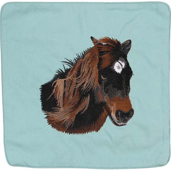 WILD HORSE PAINT PONY EMBROIDERED CANVAS PILLOW CUSHION AQUA - Click Image to Close