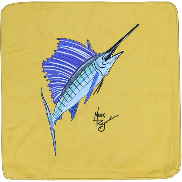 SAILFISH EMBROIDERED DECORATIVE CANVAS THROW PILLOW CUSHION GOLD - Click Image to Close