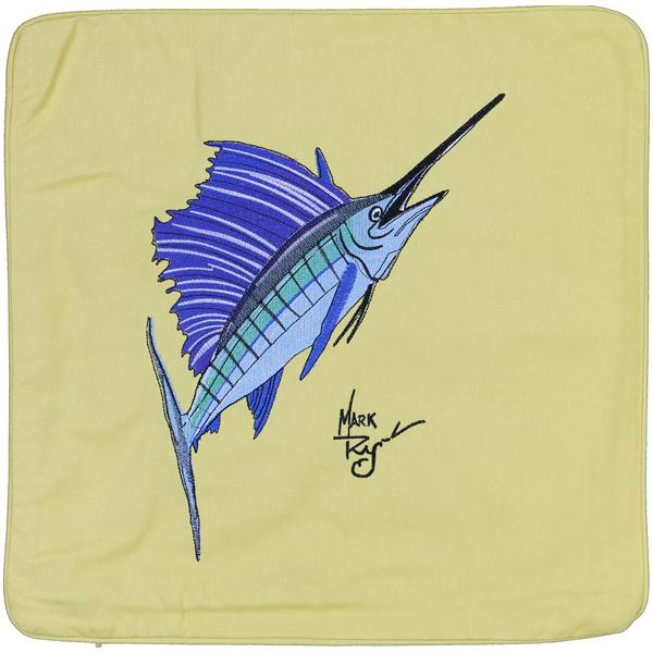 SAILFISH INDOOR OUTDOOR HOME DECOR EMBROIDERED CUSHION YELLOW - Click Image to Close