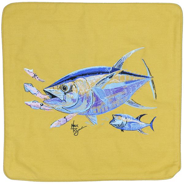YELLOWFIN TUNA FISH SQUID EMBROIDERED CANVAS PILLOW CUSHION GOLD - Click Image to Close