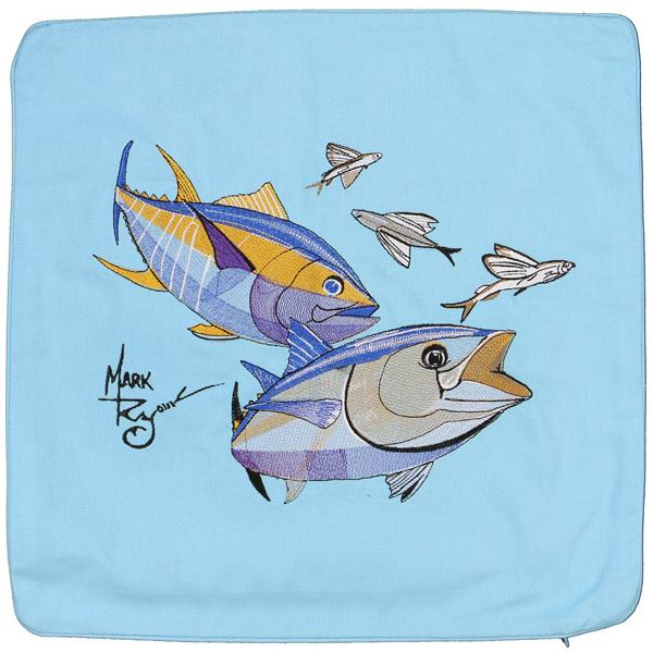 BLUEFIN YELLOWFIN TUNA FLYING FISH EMBROIDERED THROW PILLOW BLUE