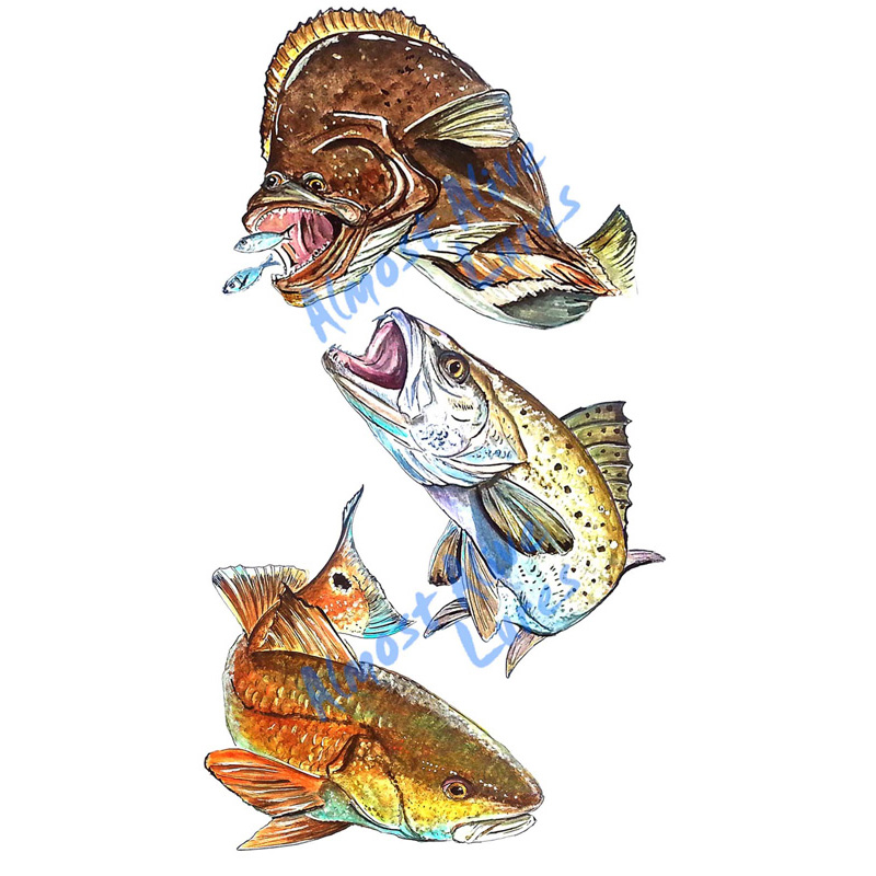 Red, Trout, And Flounder - Printed Vinyl Decal - Click Image to Close