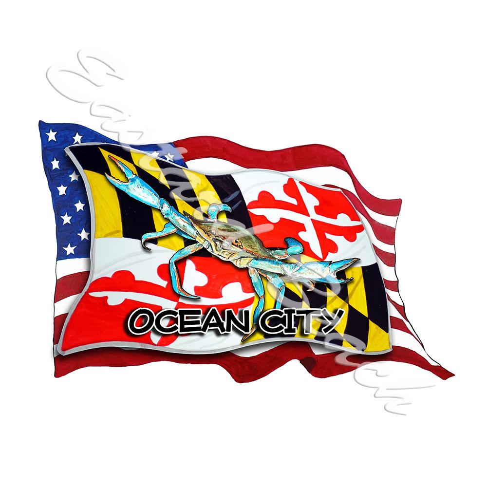 USA/Maryland Flags w/ Blue Crab - Ocean City - Click Image to Close