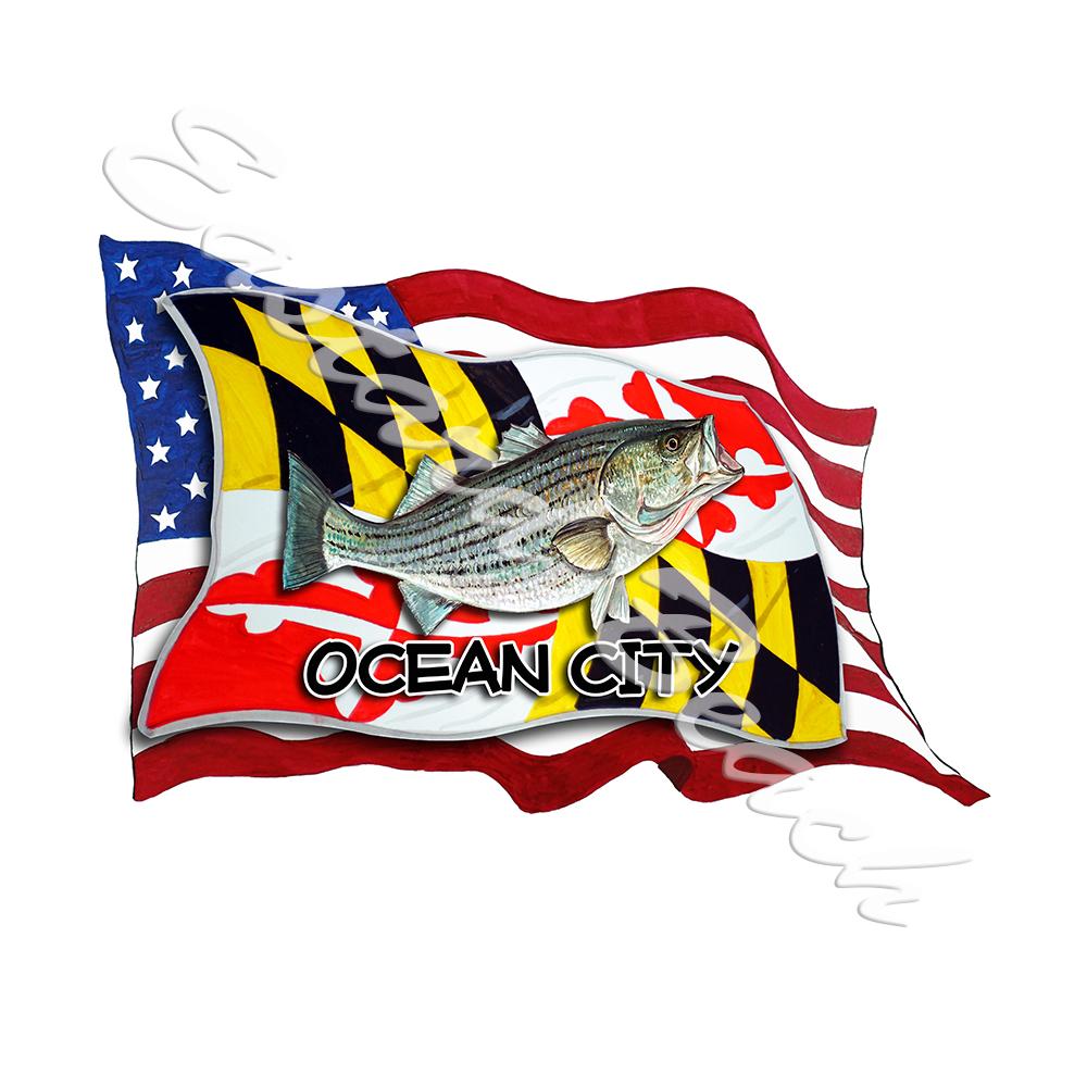 USA/MD Flags w/ Striper - Ocean City